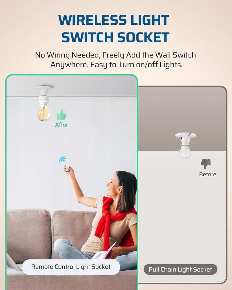 DEWENWILS Remote Control Light Socket, Wireless Light Switch for Pull Chain Light Lamp Fixtures, 100FT Range, No Wiring Needed, ETL Listed(1 Wall Mounted Controller+1 Bulb Base, Shorter Version) - Image 2